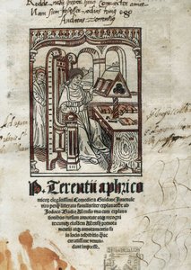 喜剧诗人特伦斯（Publius Terentius Aferer）（公元前190-145年）的喜剧作品的正面插图。作者是代表。 作者 不明