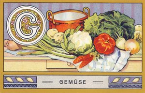 G：Gemuse--字母Palmin。H. Schlinck & Cie, Hamburg, n.d.出版的彩色石版画系列。Palmin feinstes Cocosfett的广告。尺寸：7 x 11 cm 作者 未知艺术家