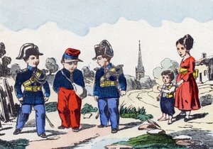 宪兵。在 "儿童军事字母表 "中的雕刻。大约在1890年，对穆松桥的想象。20页。尺寸：28.5x21cm 作者 不明