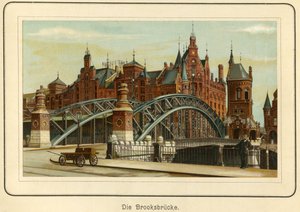 德国汉堡，"Brooksbruecke"（布鲁克斯桥），背景是被称为 "Speicherstadt "的港口仓库，约 1890 年（石版画） 作者 未知艺术家