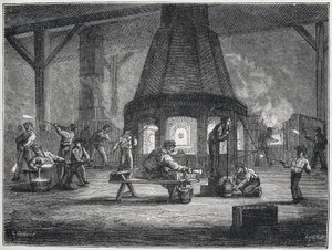 19 世纪下半叶的玻璃制造：儿童正在工作，约 1880 年（雕刻） 作者 未知艺术家