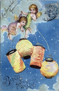新年快乐贺卡：带灯笼的两个天使 - 1905 年明信片 作者 不明