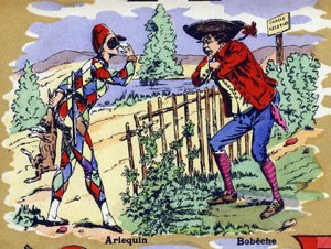 Harlequin和Bobeche .插图的字母表。20世纪初，在贾维尔-南希重聚的图像作品。尺寸：40 x 29 厘米。石版印刷，背景为双色玻璃 作者 未知艺术家
