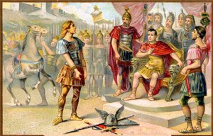 历史古罗马。公元前 52 年，Vercingetorix（高卢部落：Averni 的酋长）在阿莱西亚向凯撒大帝投降。图像，法国，约 1900 年。 作者 Unbekannter Künstler