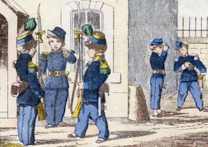 猎人在步行。在 "儿童军事字母表 "中的雕刻。大约在1890年，对Pont-a-Mousson的想象。20页。尺寸：28.5x21cm 作者 不明