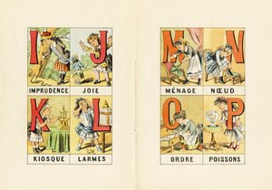 我：鲁莽； J：喜悦； K：售货亭； L：眼泪； M N O P：家庭、结、订单、鱼 - ABCD des petits filles 雕刻。 Pellerin & Cie，印刷出版商，Epinal，约 1890 年。意甲。尺寸：19 x 13.5 厘米。 作者 不明