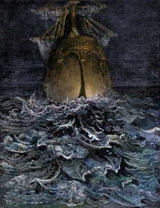 我注视着分解中的大海，夜晚海上的船体--古斯塔夫-多尔（1832-1883 年）为塞缪尔-泰勒-柯勒律治（1772-1834 年）的《老水手的故事》绘制的插图--彩色版画 作者 未知艺术家
