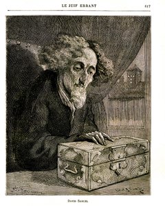 尤金-苏的小说《流浪的犹太人》的插图--1883年儒勒-鲁夫版中的费迪南德斯的版画。戴维-塞缪尔，德-雷内彭家族财产的监护人，带着装有证券、股票、票据的匣子（箱子）。 作者 不明