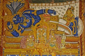 印度，泰米尔纳德邦，Srirangam，Sri Ranganathasvami 印度教寺庙（原 10 世纪），毗湿奴壁画。 作者 不明