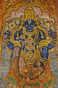 印度，泰米尔纳德邦，Srirangam，Sri Ranganathasvami 印度教寺庙（原 10 世纪），毗湿奴壁画。 作者 不明
