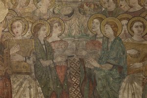 内部的。 北渡。 祭坛 (Altar de las pinturas murales)。 来自主教堂的原件。 壁画（壁画？）。 细节。 14 世纪末。 作者 不明