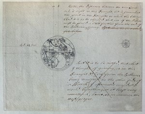 约翰·哈里森 (John Harrison) 于 1755 年 6 月 19 日向经度委员会提到的“小手表”的设计，来自约翰·哈里森 (1693-1776) 和他的儿子威廉 (c.1726-72) 汇编的一套机械笔记和图纸 （纸上笔墨） 作者 不明