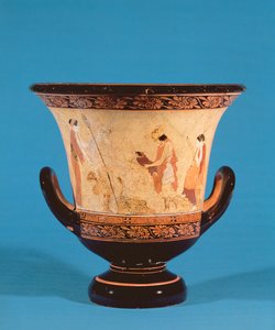 描绘赫尔墨斯将婴儿狄俄尼索斯交给仙女的Kalyx krater，伊特鲁里亚人，约公元前460年（赤土陶器 作者 不明