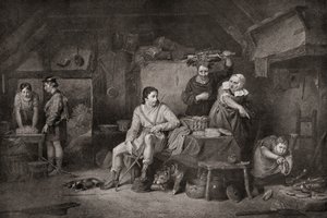 阿尔弗雷德国王在纳瑟德小屋。阿尔弗雷德大帝，约 848 899 年。传说阿尔弗雷德逃亡到萨默塞特平原时，一位农妇为他提供了庇护。 作者 未知艺术家