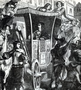 1642 年 1 月 4 日，五名议员约翰-皮姆、约翰-汉普顿、登齐尔-霍利斯、威廉-斯特罗德和亚瑟-哈瑟里格试图被捕，但未遂，查理一世在人群中咆哮。19 世纪（"世界历史 "中的版画） 作者 未知艺术家