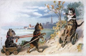 雪橇上的小猫，20 世纪初（明信片） 作者 未知艺术家