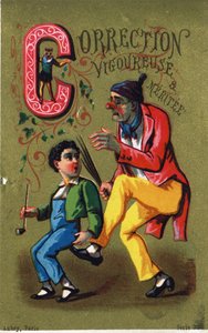 字母 C：强而有功的更正。 雕刻在“Alphabet des grotesques”中。 19 世纪后期，多尔背景上的 25 幅广告彩色石版画系列。 尺寸：11x 7 厘米 作者 不明