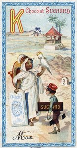 字母K：kabyle，kepi，kilogram，kakatoes，kiosk， kilometre。Chocolat Suchard编辑的《字母表》版画，20世纪初。24张彩色石版画，代表了图像中要发现的地方、人物和物品。Dim: 105x55mm 作者 不明