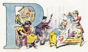 字母 P：娃娃 Policinelle。 Phosphatine Falieres 字母表。 雕刻。 Brevete 字母 S.G.D.G. 药剂师皮埃尔·埃米尔·法列雷斯。 19 世纪后期的彩色光刻插图。 16 页。 尺寸：103x154mm 作者 不明
