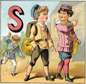 字母 S 作为学校离开。 雕刻在“Alphabet des petits ecoliers”上。Epinal 的成像，大约 1885 年。Privee 收藏 作者 不明