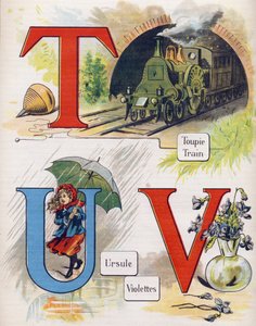 字母 T、U 和 V：顶部、火车、乌苏拉和紫罗兰。 雕刻在“ABC L