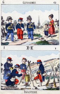 信件 G H I:宪兵和步兵。"儿童军事字母表 "中的雕刻。大约在1890年，对穆松桥的想象。20页。尺寸：28.5x21cm 作者 不明