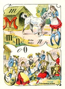 字母M N和O为Medor、Niche和Swiss Orchestra。在 "有趣的字母表 "中的雕刻。Pont-a-Mousson的图像。Louis Vagne的印刷和出版，19世纪末 作者 不明