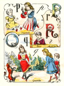字母 P Q 和 R 表示恐惧、欢笑和四合一。 雕刻在“有趣的字母表”中。 Pont-a-Mousson 的成像。 印刷和出版 Louis Vagne，19 世纪末 作者 不明