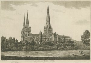 利奇菲尔德大教堂（Lichfield Cathedral）-南视图：浅绿色雕刻，编号[c 1820-1830] 作者 不明