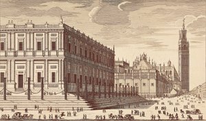 Lonja de Comercio（"贸易大楼"）和塞维利亚大教堂局部景观。雕刻。西班牙。马德里（自治区）。马德里。国家图书馆 作者 未知艺术家