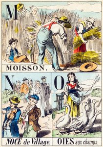 M N O : Moisson, Noce de village, Oies aux champs - "农场的字母表" 19世纪末（雕刻）。 作者 不明