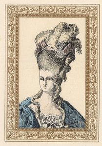 法国国王路易十六的妻子玛丽-安托瓦内特（Marie Antoinette），精致的发型上镶嵌着丝带和珍珠 作者 未知艺术家