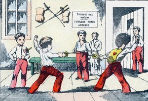 武器大师。在 "儿童军事字母表 "中的雕刻。庞德穆松的图像，约1890年。20页。尺寸：28.5x21cm 作者 不明