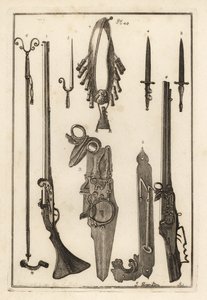 Matchlock musket, lock and bayonet from the Tower of London 1-3, bayonet 4, musket rest and bayonet 5, musket rest 6, bandileers and powder flask 7, wheel lock 8,9, and spanner 10 作者 不明