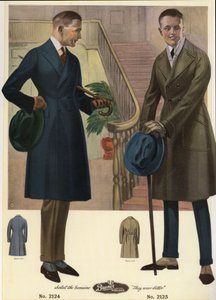 1920 年的男士时装 - 身着双排扣大衣的男士手持手杖，头戴帽子，身着衬裤。来自 Bruner Woolens 公司男性时装目录的铬石版画 作者 未知艺术家