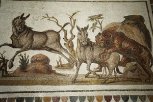动物争斗的马赛克：老虎攻击两个夜叉。公元二世纪/El Jem博物馆（Antique Thysdrus）/图尼西娅 作者 不明