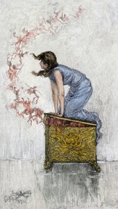 神话与传说：潘多拉太好奇了，不顾禁令打开了盒子，从装有人类所有弊病的盒子中释放出了更少的恶魔。19 世纪的彩色版画。 作者 未知艺术家