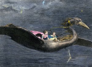 神话与传说大鹏鸟（阿拉伯-波斯神话中的巨鸟。它出现在《一千零一夜》中）。19 世纪的彩色版画。 作者 未知艺术家