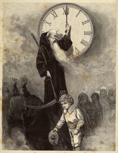 1889 年的新年寓意》描绘了象征旧年的老拱顶让位于象征新年的微笑小男孩。时间转动着时钟的指针，注视着这一场景。19 世纪版画 作者 未知艺术家