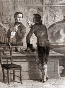 尼塞波尔-尼埃普斯（Nicéphore Niépce）在查尔斯-谢瓦利埃（Charles Chevalier）的光学和仪器商店里，当时还默默无闻，穷困潦倒，出自《科学的奇迹》，约1870年出版（雕刻）。 作者 不明