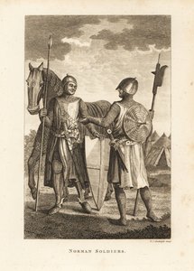 诺曼士兵身着锁子甲和带盾牌、长矛、戟的板甲，在军事战役帐篷前 作者 不明