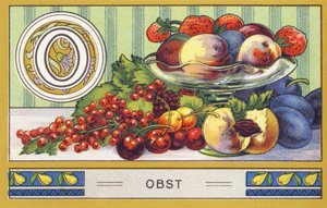 O : Obst - 字母表 Palmin。H. Schlinck & Cie, Hamburg, n.d.出版的彩色石版画系列。Palmin feinstes Cocosfett的广告。尺寸：7 x 11 cm 作者 未知艺术家