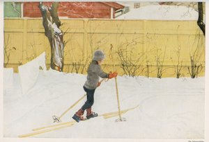 瑞典插画家卡尔-拉尔松（1853-1919）的一个孩子在学习滑雪板的动作。来自 "Das haus in der sonne "的图画 1921年 作者 不明