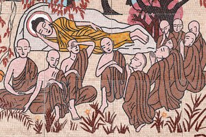 王女佛塔，壁画，佛陀的一生，在传授佛法45年后，佛陀进入了大般涅槃，越南归仁，2019年(照片) 作者 不明