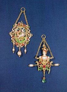 椭圆形的吊坠珠宝，展示圣乔治杀死巨龙，约1600年；北欧；密涅瓦半身像的吊坠珠宝，南德，约1570年 作者 不明