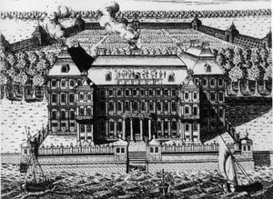A 宫，瓦西里岛上的 Menshikov：圣彼得堡（1711-1716 年）最早建造的建筑之一，A, Zubov（1717 年）雕刻，俄罗斯。 作者 不明
