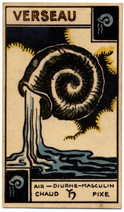 超自然现象。 占星术。 水瓶座（水瓶座）。 占星卡来自：Le Tarot Astrologique（占星塔罗牌），作者：Georges Muchery，法国 作者 未知艺术家