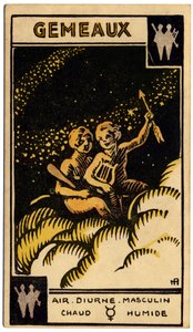超自然现象占星术。双子座（双子）。占星牌选自：Le Tarot Astrologique（《占星塔罗牌》），作者乔治-穆切里，法国 作者 未知艺术家