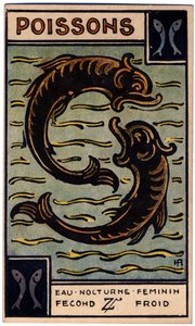 超自然现象占星术。双鱼座（鱼）。占星牌选自：Le Tarot Astrologique（占星塔罗牌），法国 Georges Muchery 著。 作者 未知艺术家