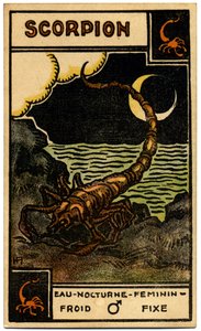 超自然现象。 占星术。 天蝎座（天蝎座）。 占星卡来自：Le Tarot Astrologique（占星塔罗牌），作者：Georges Muchery，法国 作者 未知艺术家